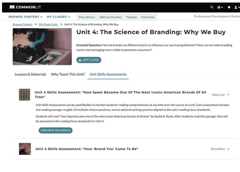 CommonLit's Assessments screenshot 2